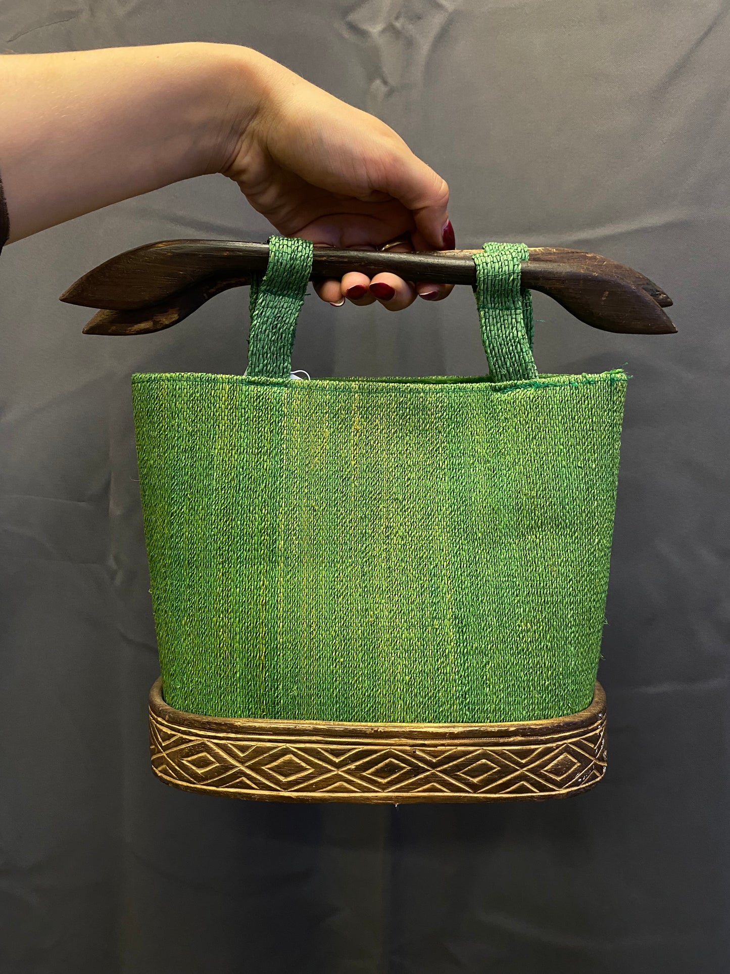 Vintage raffia and wood bag