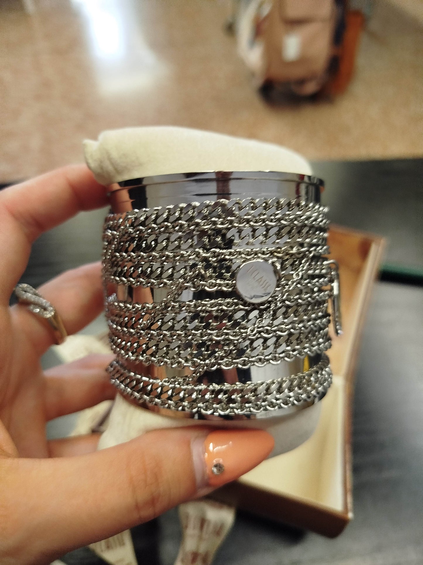 Alviero Martini 1st Class Women's Rigid Bracelet – Silver with Chain, Original Box
