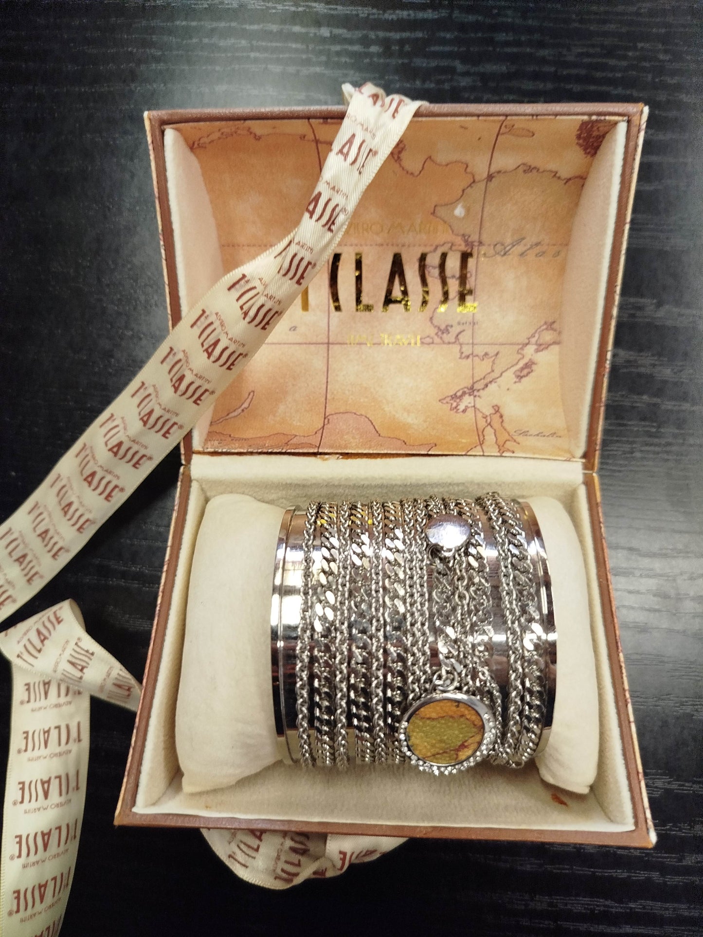 Alviero Martini 1st Class Women's Rigid Bracelet – Silver with Chain, Original Box