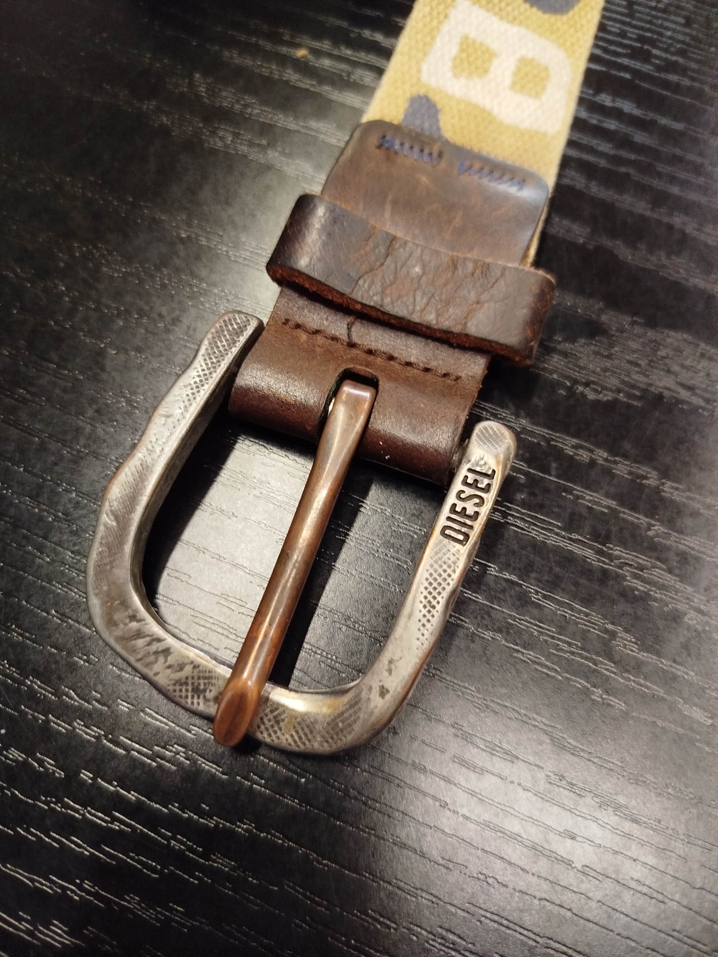 Diesel Y2K Belt – Khaki and Brown Canvas, 90 cm, Vintage Logo Buckle