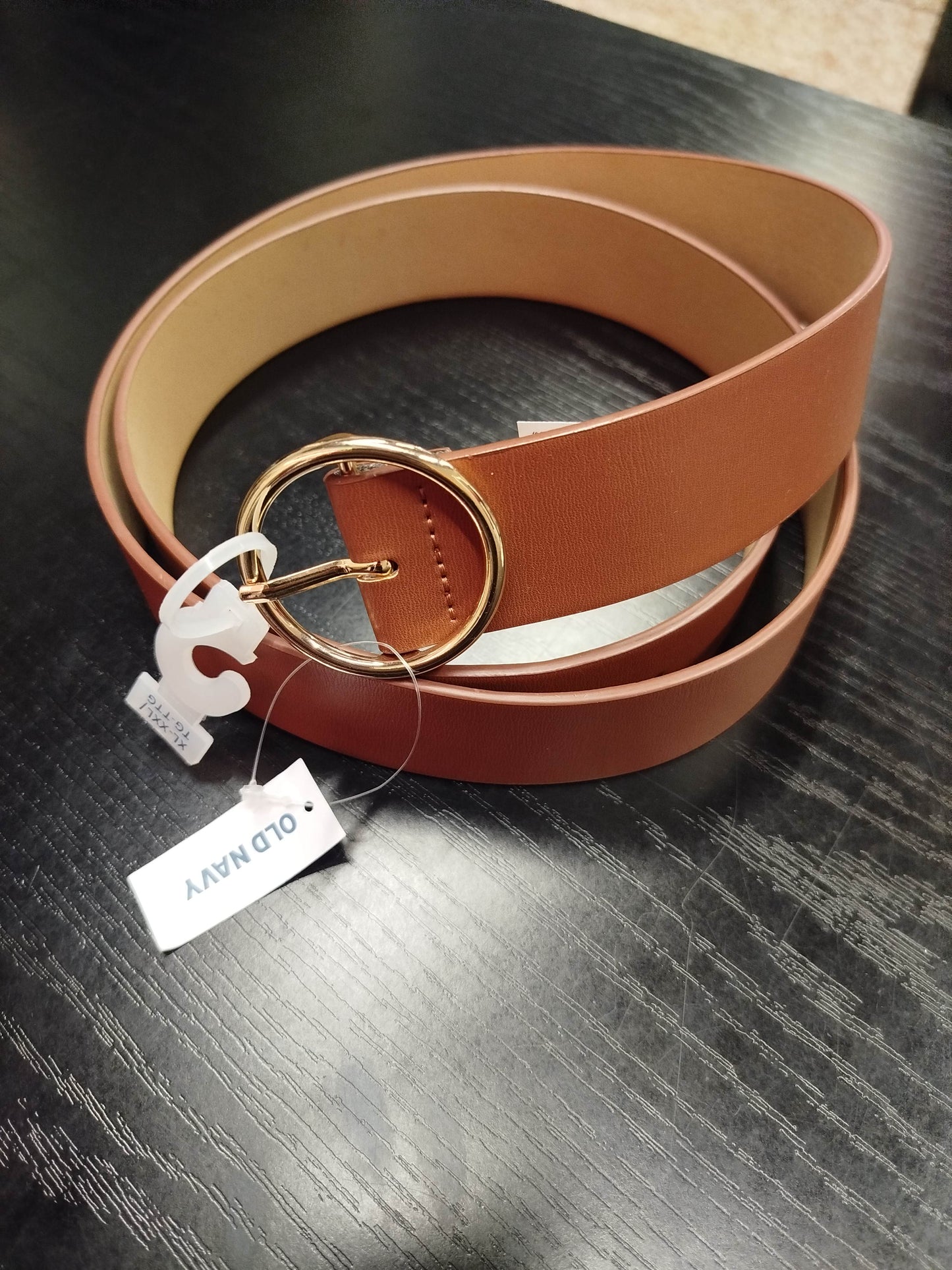 Old Navy Women's Belt XL‑XXL – Brown Faux Leather, New with Tag, Gold Round Buckle