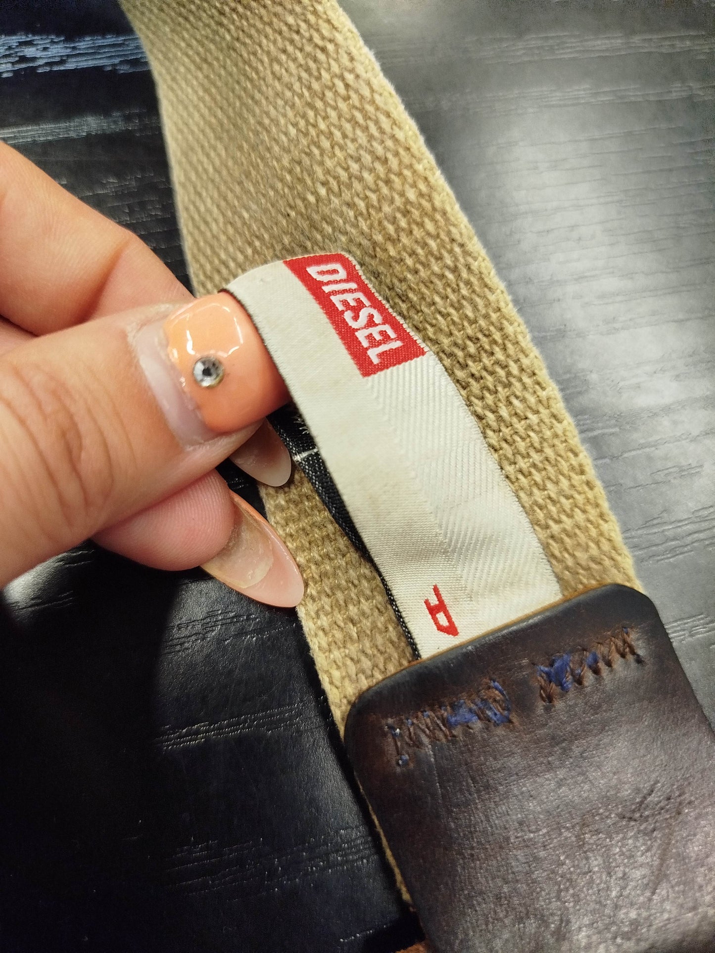 Diesel Y2K Belt – Khaki and Brown Canvas, 90 cm, Vintage Logo Buckle
