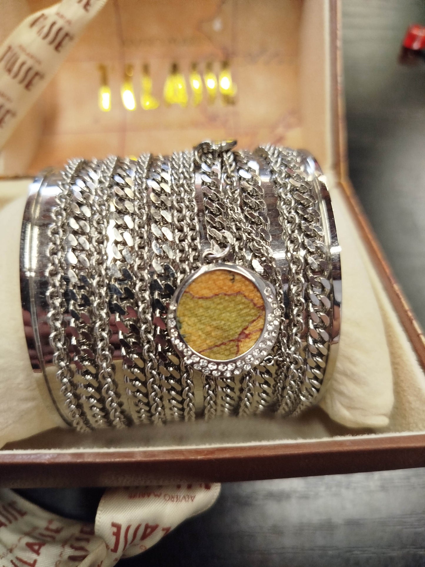 Alviero Martini 1st Class Women's Rigid Bracelet – Silver with Chain, Original Box
