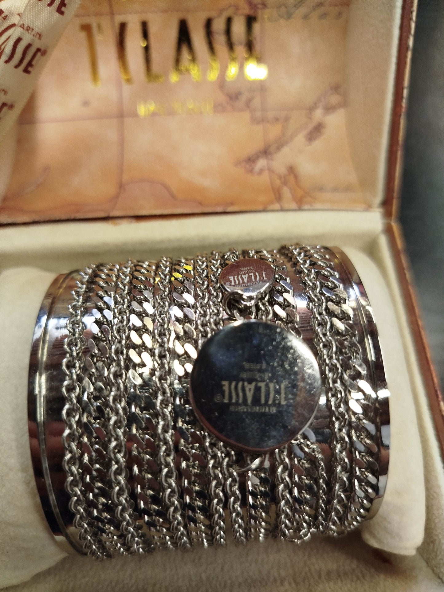 Alviero Martini 1st Class Women's Rigid Bracelet – Silver with Chain, Original Box