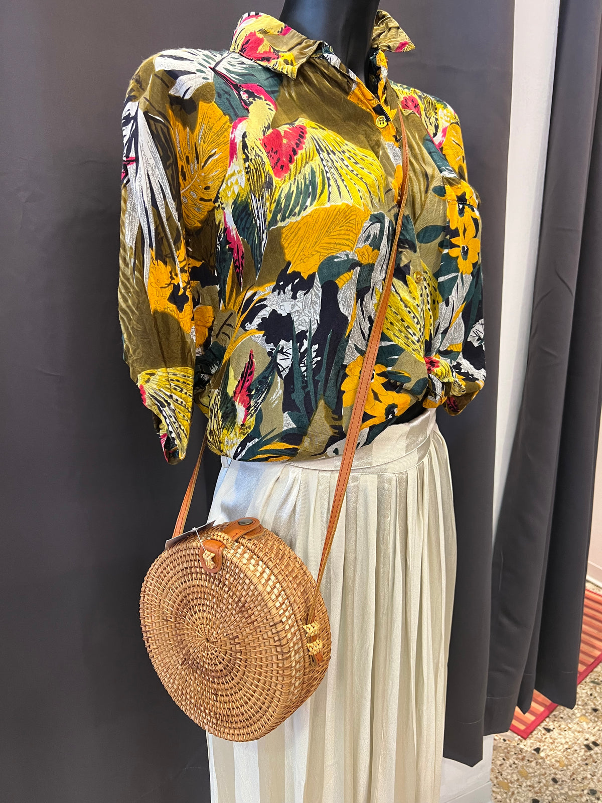 Borsa a tracolla rotonda in rattan intrecciata - Stile Boho / Bali