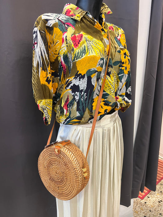 Borsa a tracolla rotonda in rattan intrecciata - Stile Boho / Bali
